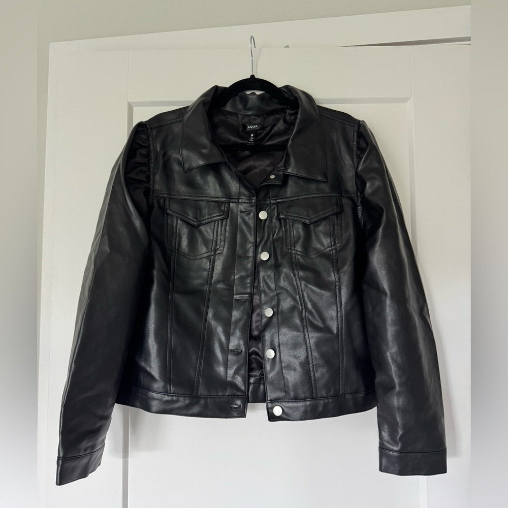 Aqua Black Faux Leather Women's Jacket Silver Buttons Size XL